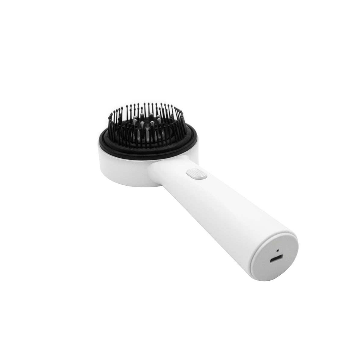 White handheld hair dryer with black nozzle on a white background