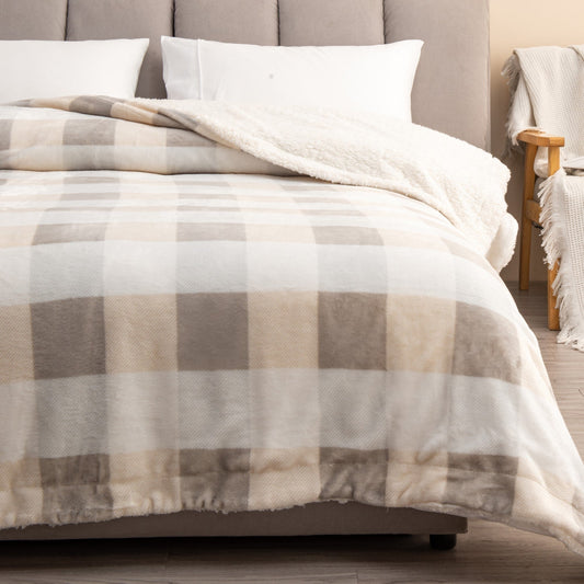 Ultra-Soft Velvet Plush Reversible Sherpa Fleece Blanket - Soft Taupe / Pale Grey Buffalo Check (Throw)
