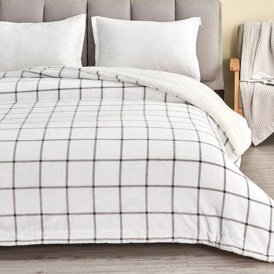 Ultra-Soft Velvet Plush Reversible Sherpa Fleece Blanket - Grey Windowpane