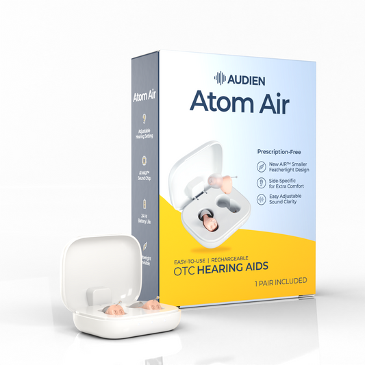 Audien Atom Air hearing aids packaging with a white background