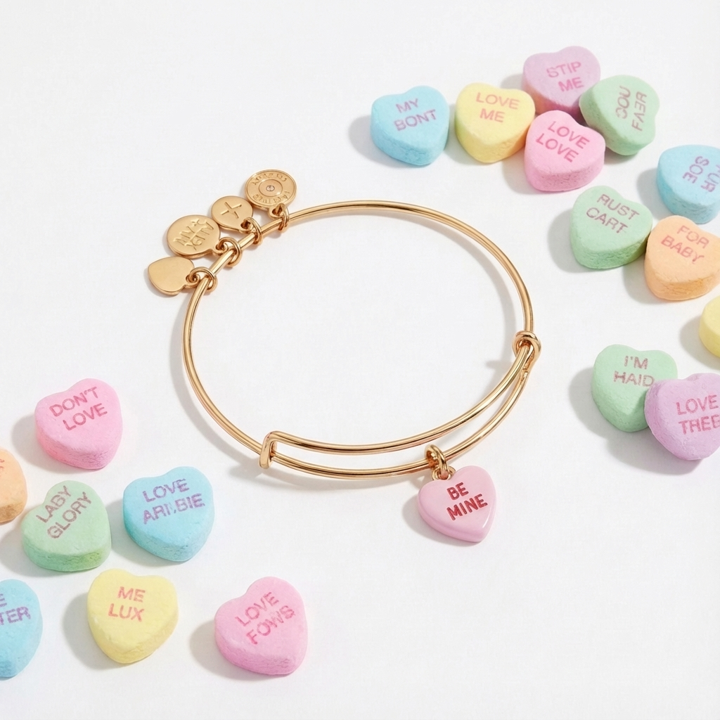 Gold bracelet with heart-shaped charms on a white background with colorful heart-shaped candies.