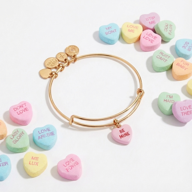 Gold bracelet with heart-shaped charms on a white background with colorful heart-shaped candies.