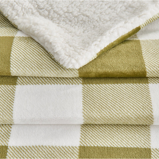 Ultra-Soft Velvet Plush Reversible Sherpa Fleece Blanket - Olive Green Buffalo Checks