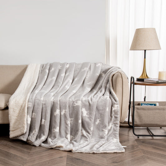 Ultra-Soft Velvet Plush Reversible Sherpa Fleece Blanket - Grey Moose (Throw)