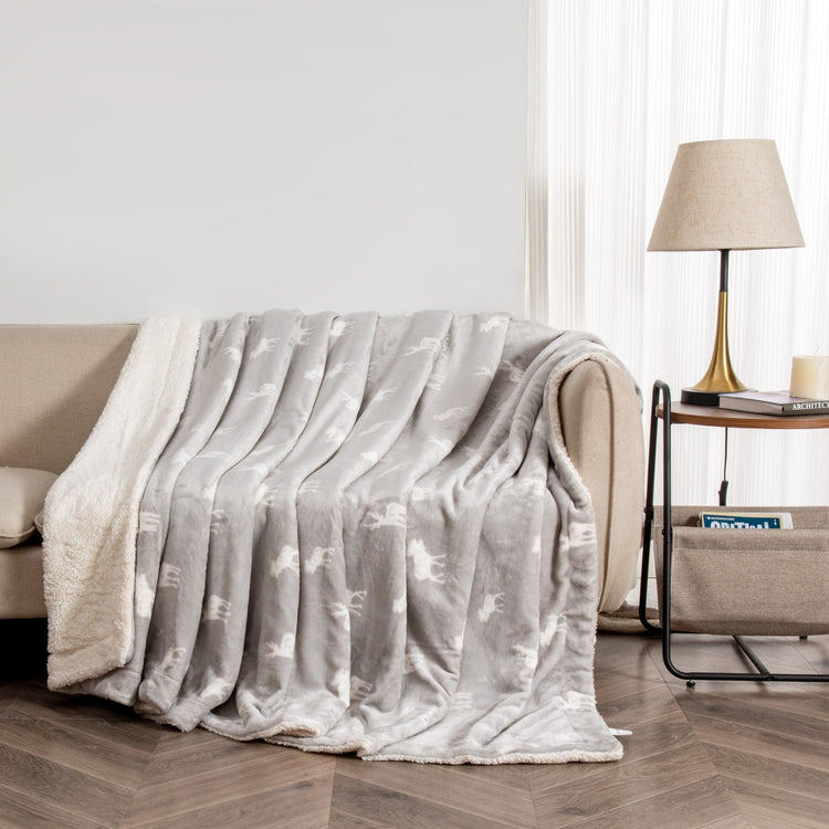 Ultra-Soft Velvet Plush Reversible Sherpa Fleece Blanket - Grey Moose (Throw)