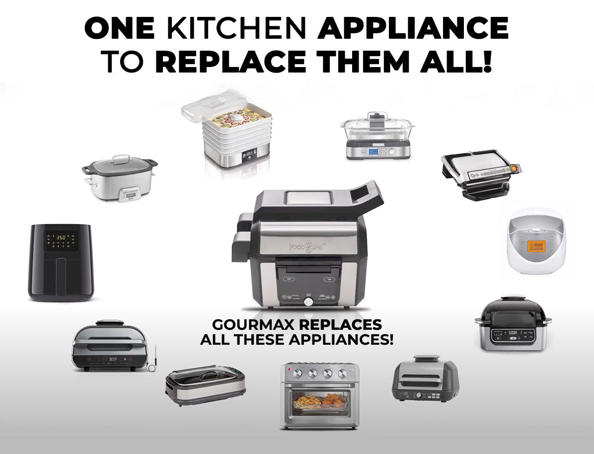 Gourmax kitchen appliance replaces multiple smaller appliances on a white background