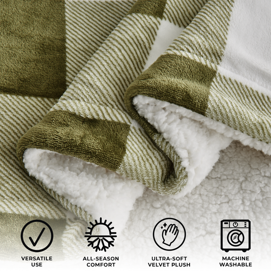 Ultra-Soft Velvet Plush Reversible Sherpa Fleece Blanket - Olive Green Buffalo Checks