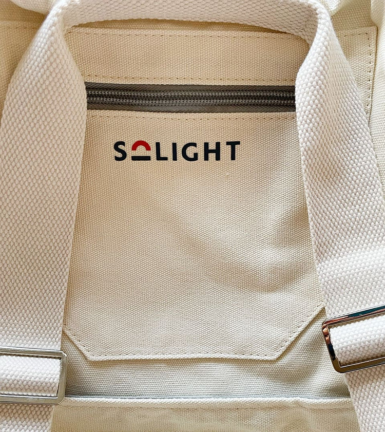 Solight backpack close up showing solight logo.