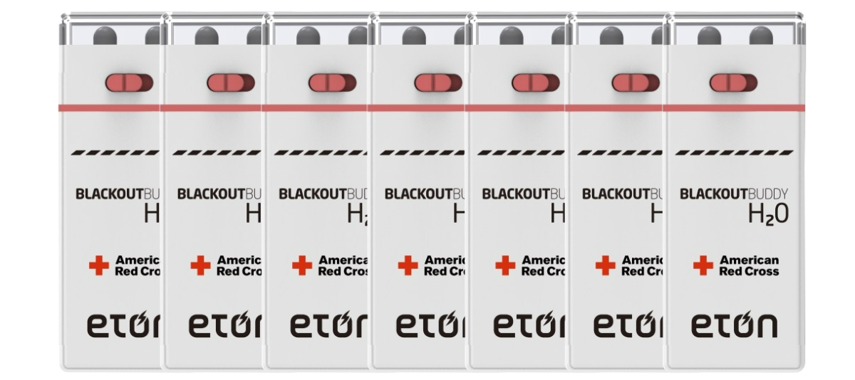 Multiple boxes of eton Blackout H2O with American Red Cross branding on a white background