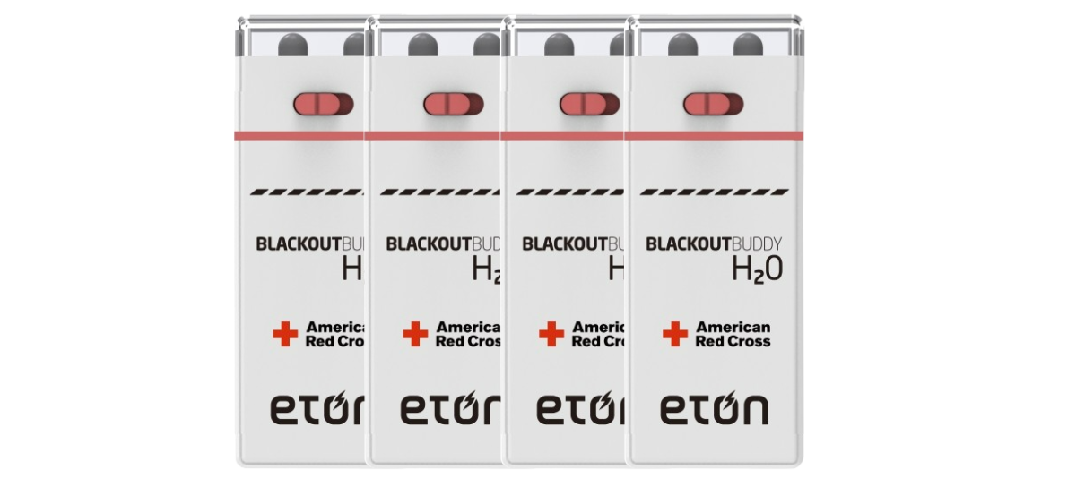Four Eton Blackout H2O containers with American Red Cross branding on a white background