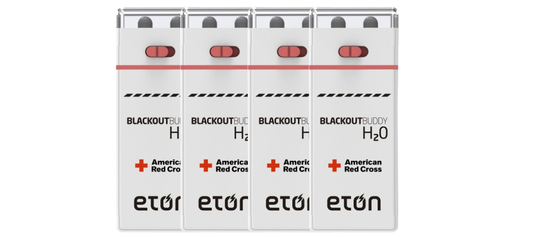 Four Eton Blackout H2O containers with American Red Cross branding on a white background