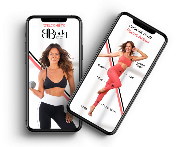 Two smartphones displaying fitness app interfaces with a woman in workout attire.