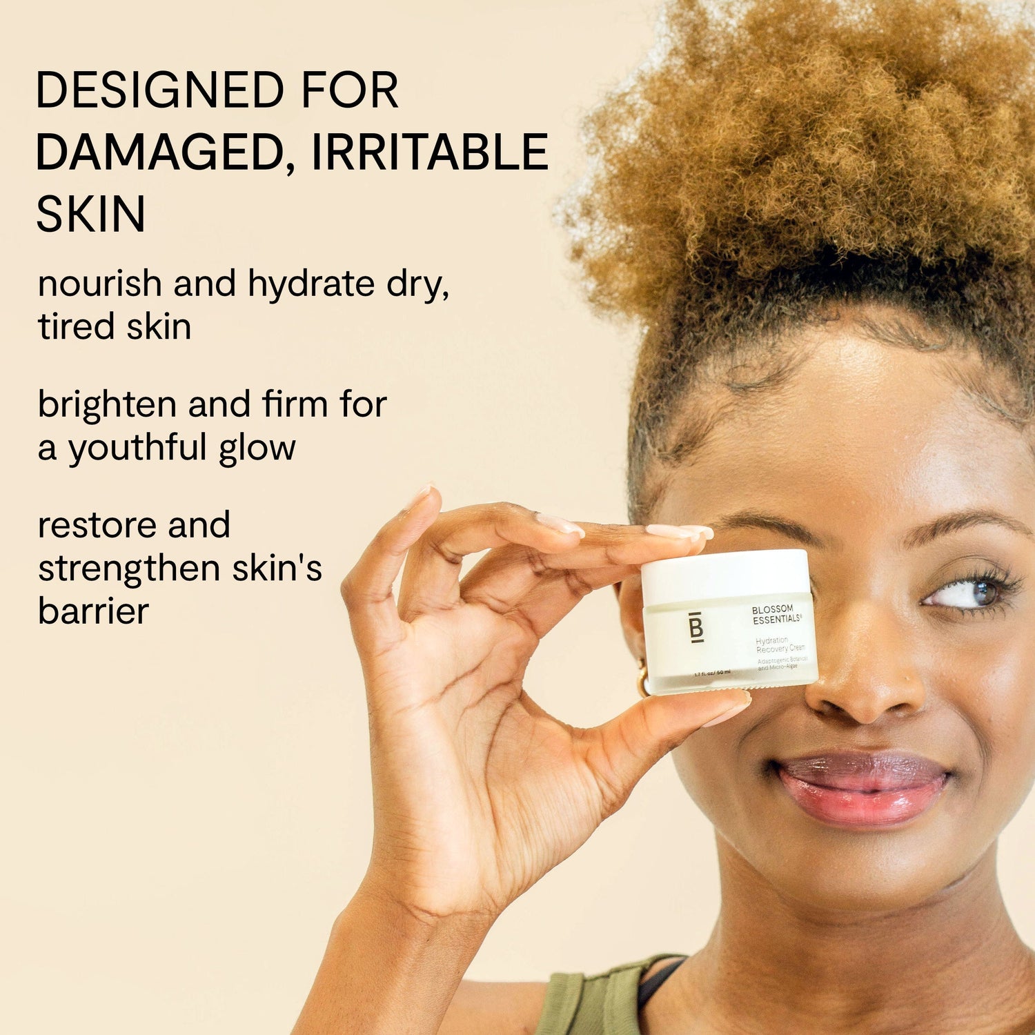 Benefits of the hydration recovery face cream with model holding jar over eye