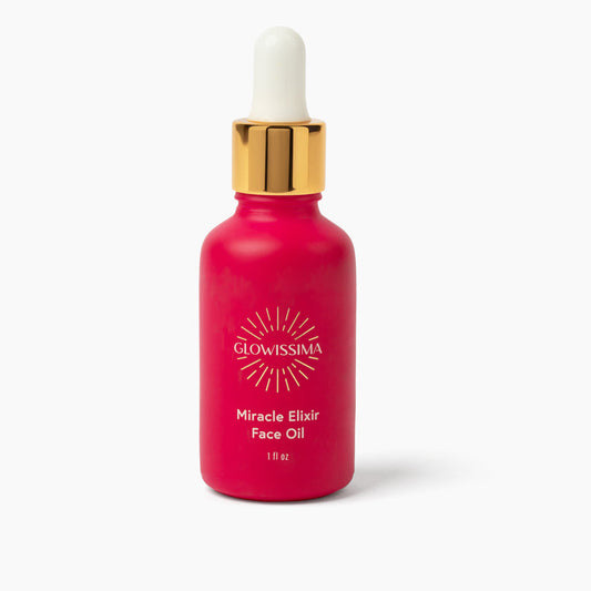 Red face oil bottle with gold cap on a white background, featuring Glowissima branding.