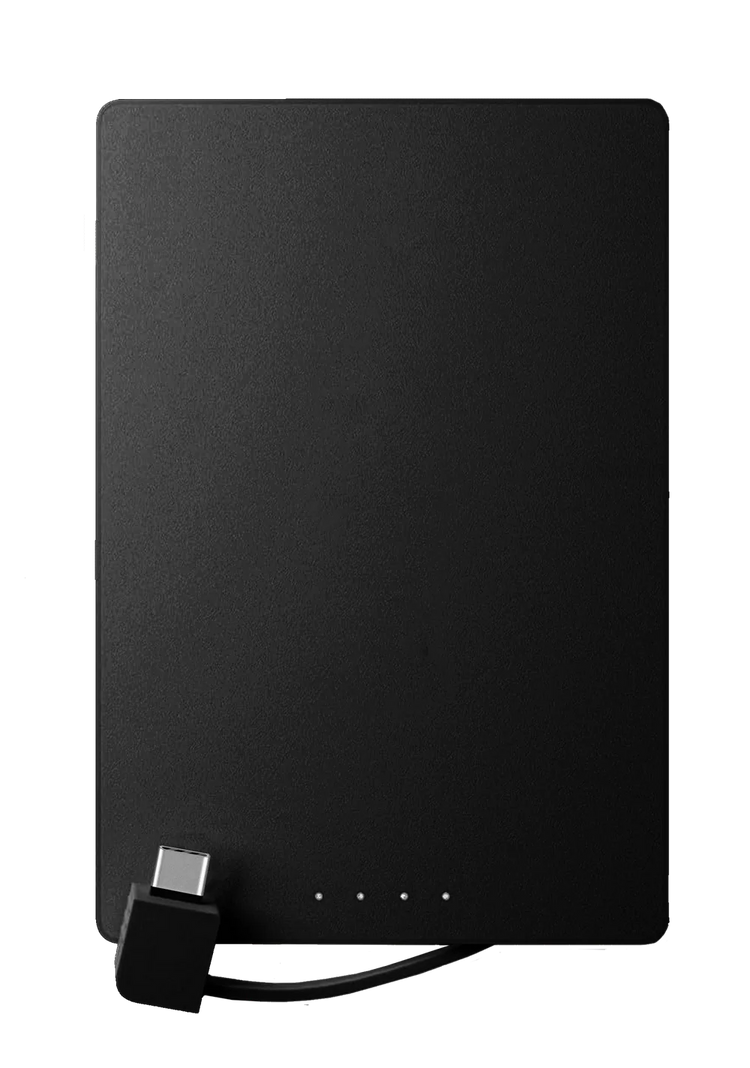 Black rectangular electronic device with USB cable on a white background