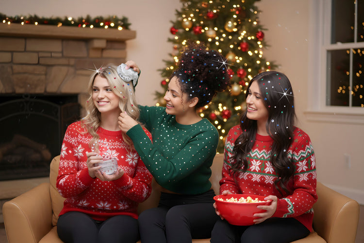 Three people in festive sweaters sitting on a couch with a Christmas tree in the background.