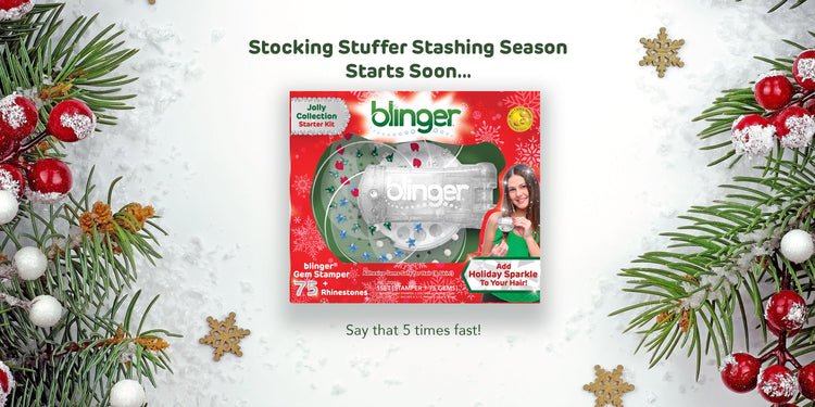 Blinger product packaging with Christmas decorations on a snowy background
