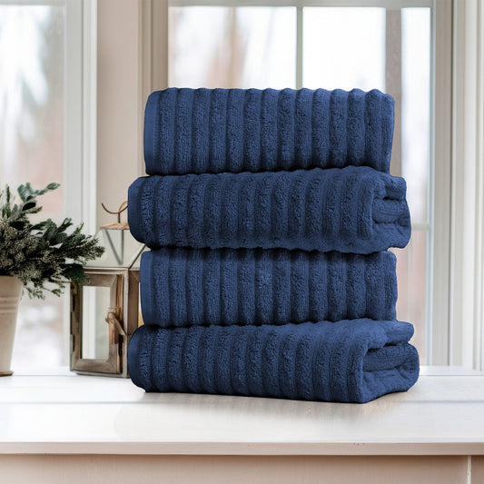 4 Pack Ribbed 100% Egyptian Cotton Bath Towel Set - Deep Blue