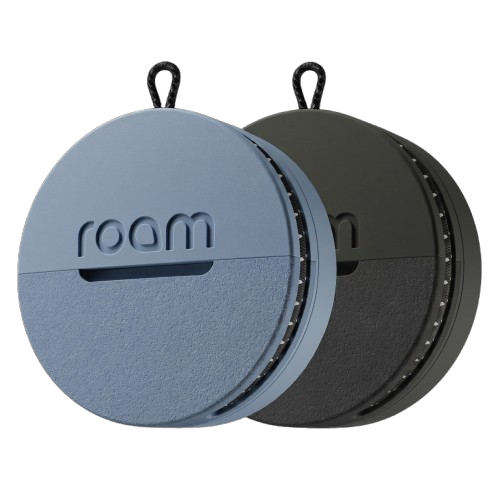 Two circular containers, one blue and one black, with 'roam' branding on a white background.