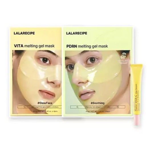 Two LALARECIPE melting gel mask boxes, one labeled VITA and one labeled PDRN, shown side by side with a yellow tube of facial serum on a white background.