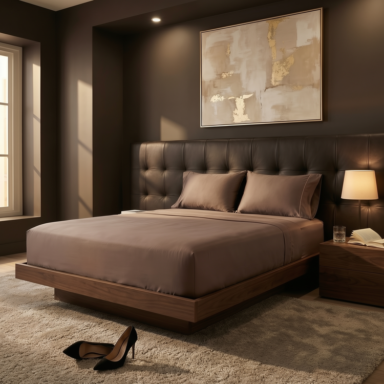 A modern platform bed with a dark brown tufted headboard and taupe bedding, styled in a dark, elegant bedroom with a matching framed abstract painting on the wall, a bedside lamp, and a pair of black high heels on the rug.