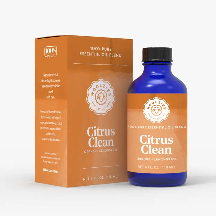 Woolzies Citrus Clean essential oil bottle and packaging on a white background