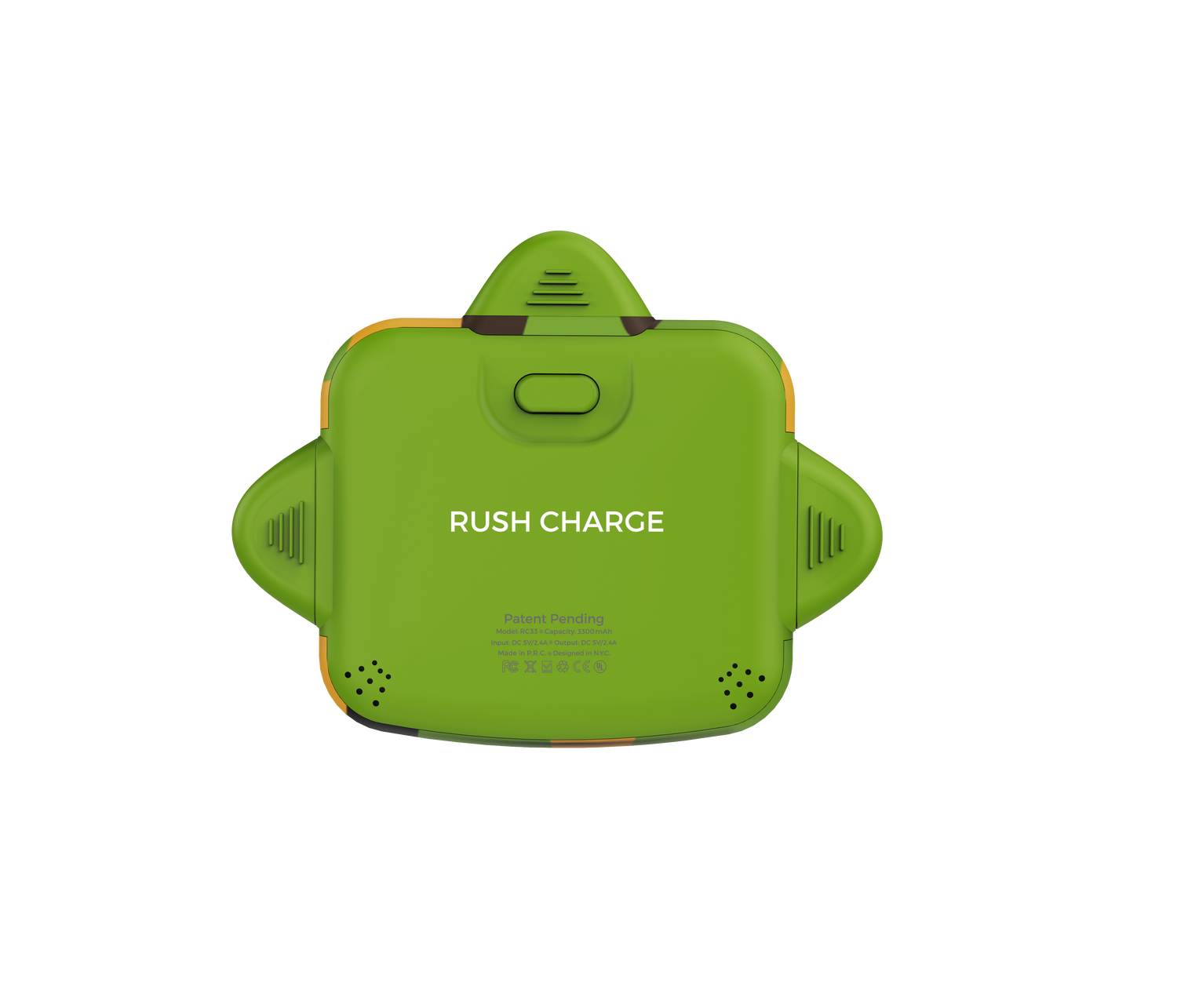 Green electronic device with 'Rush Charge' text on a white background