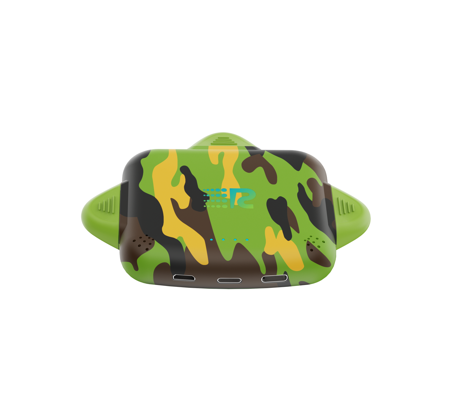 Green and brown camouflage-patterned electronic device on a white background