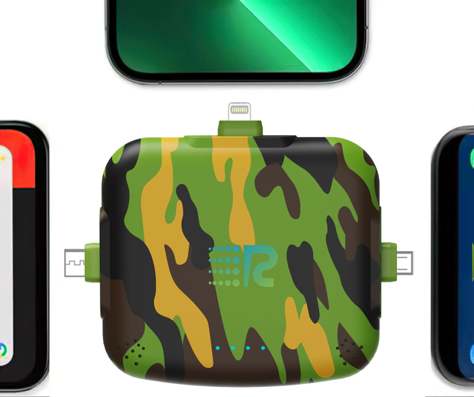 Camouflage-patterned electronic device with smartphone connections on a white background