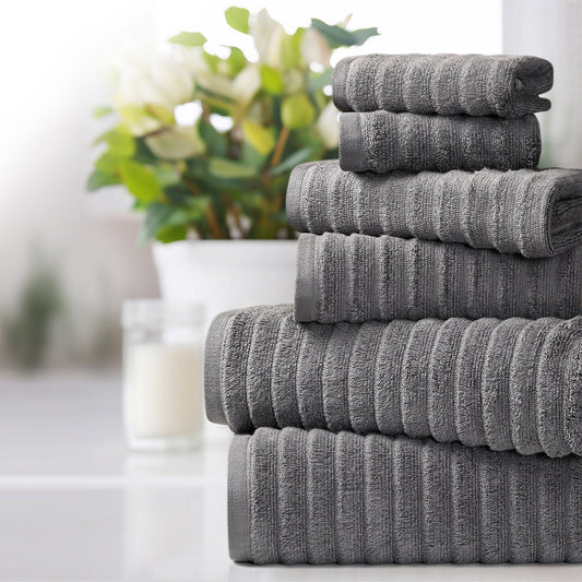 6 Piece Ribbed 100% Egyptian Cotton Towel Set - Charcoal