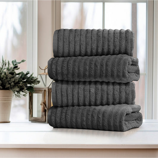 4 Pack Ribbed 100% Egyptian Cotton Bath Towel Set - Charcoal