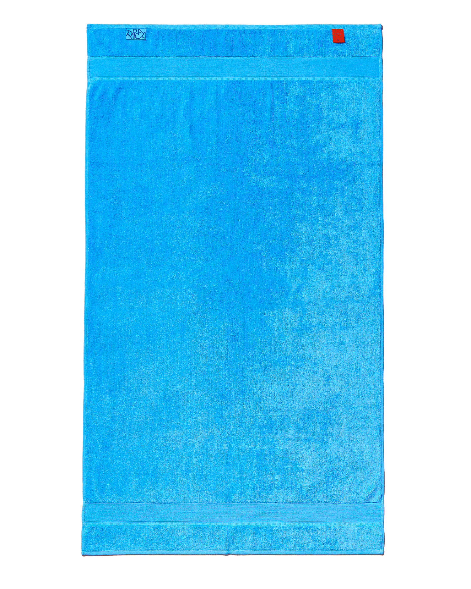 Blue towel with a brand logo on a white background