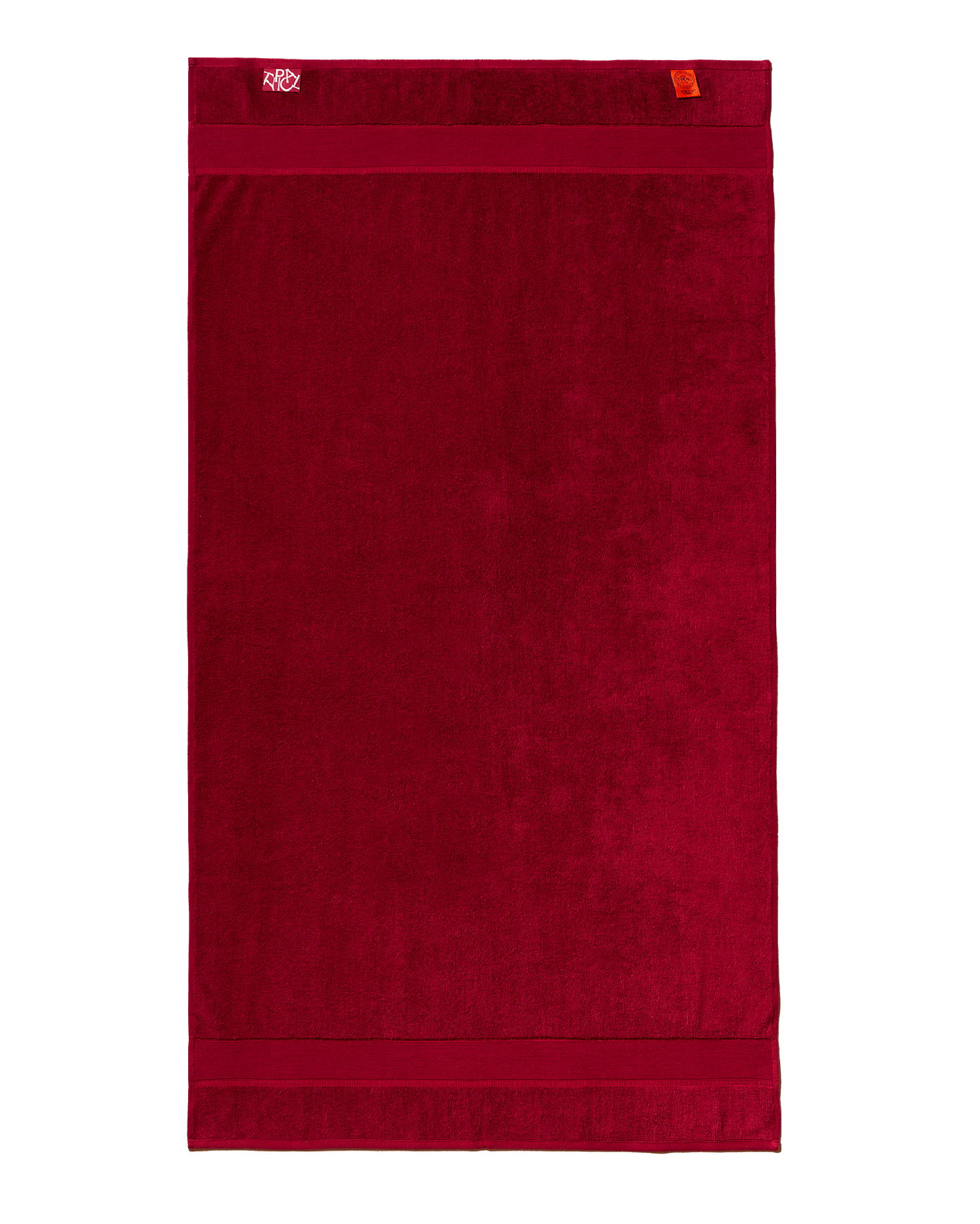 Red towel with a brand logo on a white background