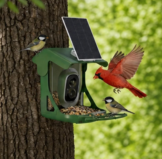 Green solar-powered bird feeder mounted on a tree trunk, with a small solar panel above a feeder tray containing birdseed. Two birds are present: a red cardinal flying toward the feeder and a small gray bird perched on the feeder.