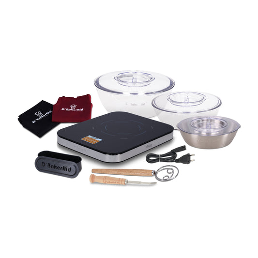 Collection of kitchen items including a hot plate, bowls, and cleaning tools on a white background.