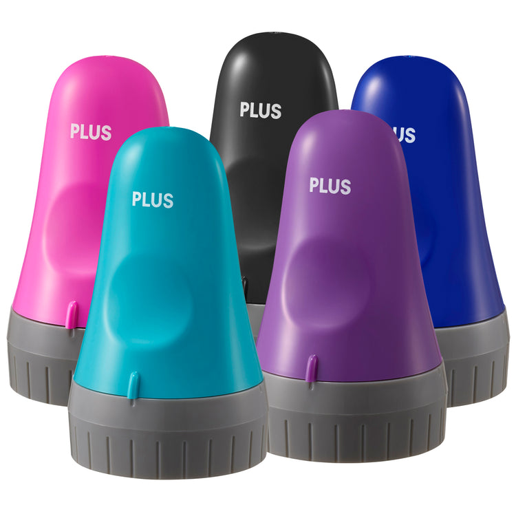 A set of three patterned rollers in black, pink, and blue, each labeled with the brand name 'PLUS'.