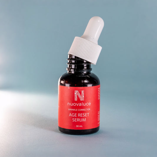 Bottle of nuvaluace age reset serum with dropper on a gradient background