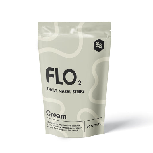 Green package of FLO2 daily nasal strips on a white background