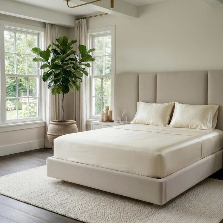 A modern platform bed with a tall, segmented upholstered headboard and matching footboard, dressed in cream bedding and two pillows, set in a bright, neutral-toned bedroom with two windows, a potted fiddle-leaf fig, and a textured rug.