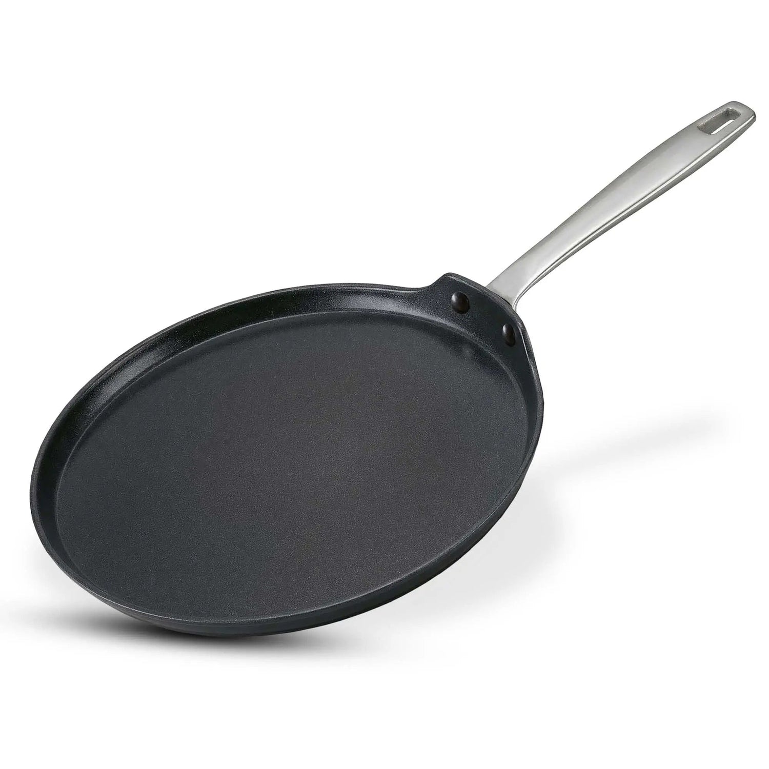 Black frying pan with a silver handle on a white background