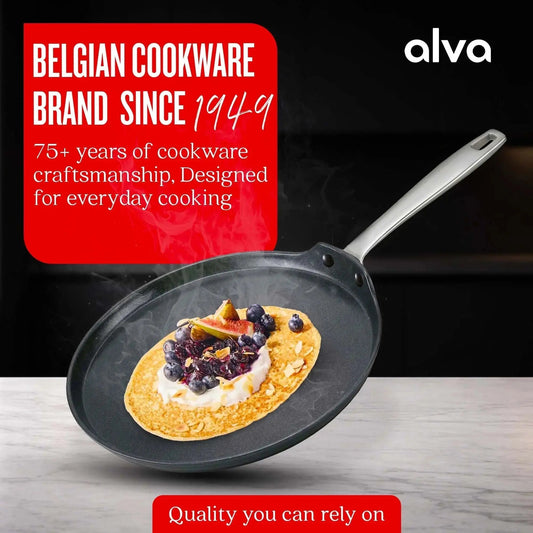 Black frying pan with a silver handle on a white background