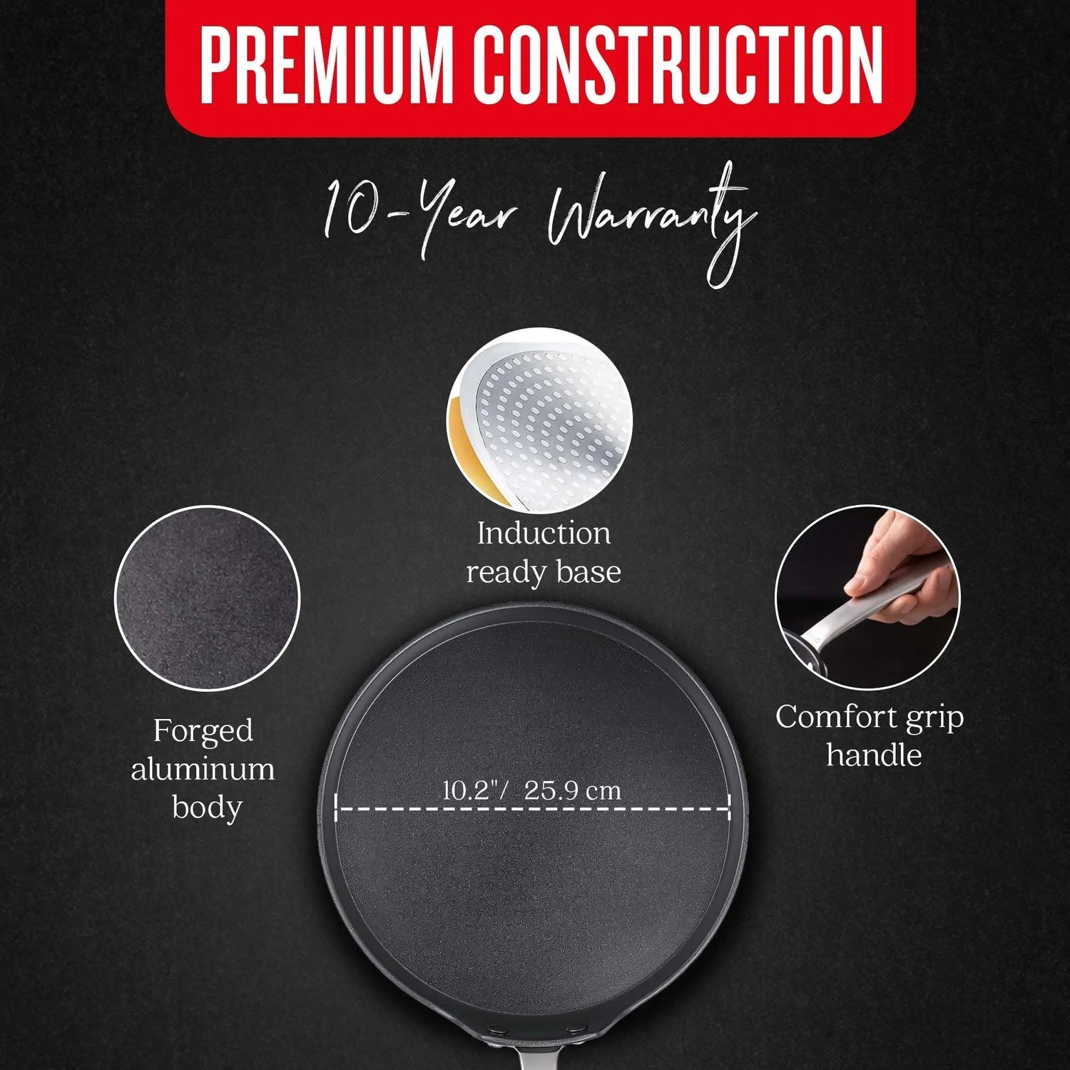 Black frying pan with features highlighted on a dark background