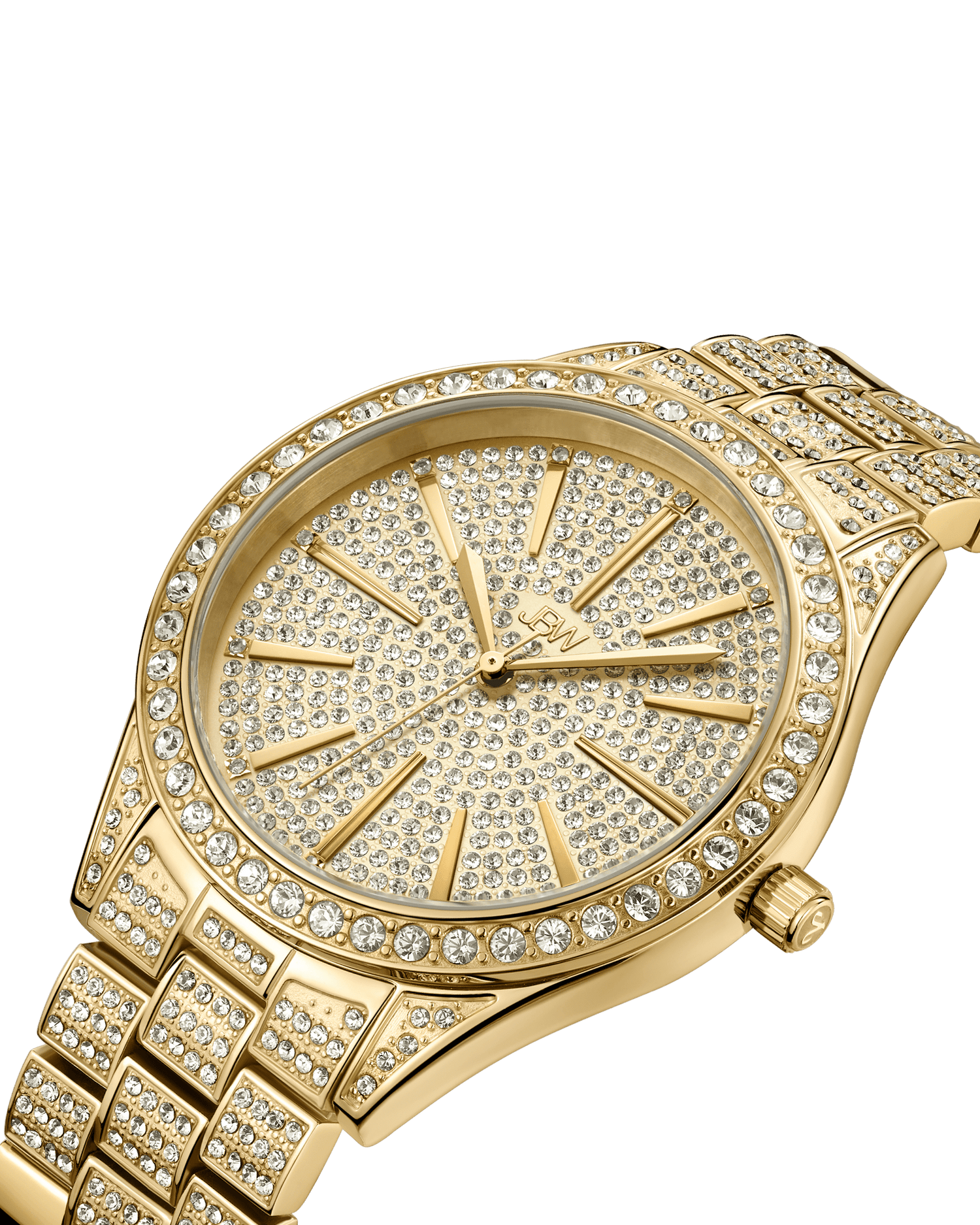 A close-up of the JBW Cristal 39 | J6346A watch, showcasing Swiss movement, a gold-plated stainless steel band, sparkling diamonds on the face and bezel, and gold hour markers and hands.