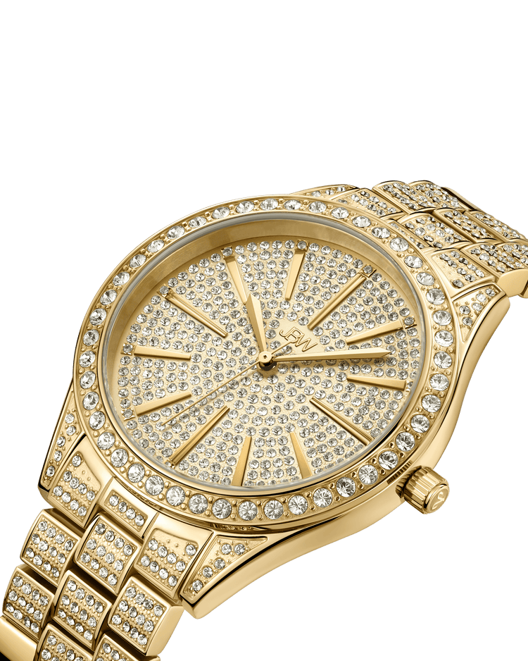 A close-up of the JBW Cristal 39 | J6346A watch, showcasing Swiss movement, a gold-plated stainless steel band, sparkling diamonds on the face and bezel, and gold hour markers and hands.