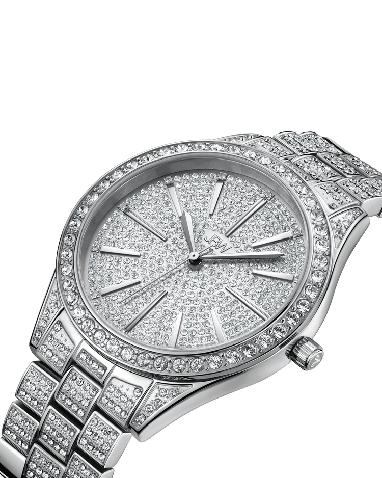 A close-up of the JBW Cristal 39 (Sample Sale) | J6346C-GA (Grade A), a silver diamond watch with two hands, minimalist design, and numerous clear crystals on the face, bezel, and stainless steel band against a white background.