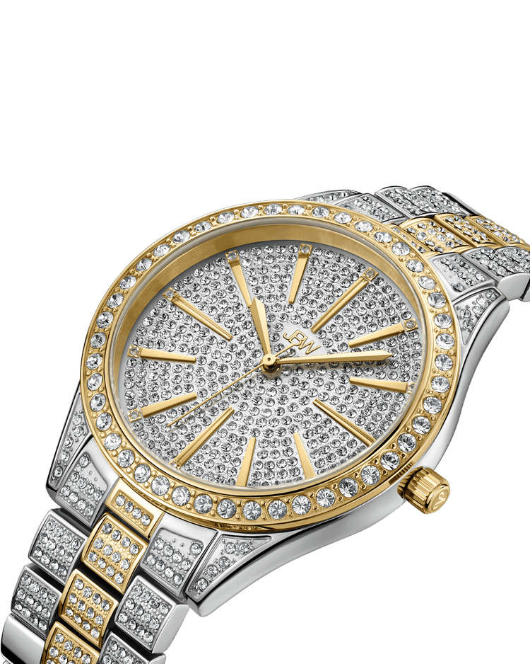 The JBW Cristal 39 | J6346D is a luxury diamond watch featuring a silver and gold-plated stainless steel band, crystal-encrusted face, bezel, and links, with gold hands and hour markers set on a clean white background.