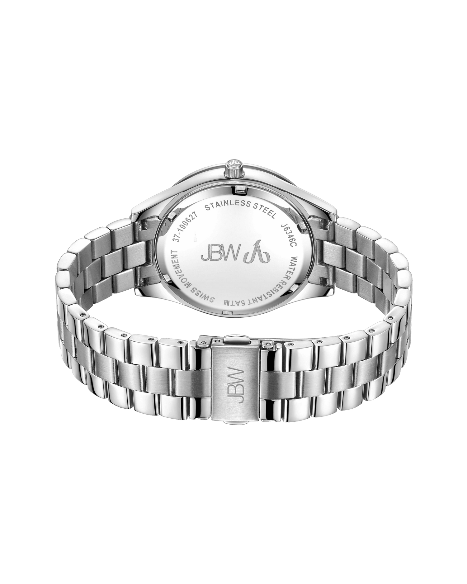 The image shows the JBW Cristal 39 (J6346C-GA, Grade A Sample Sale), a silver stainless steel wristwatch with a metal link band. The case back displays "JBW," "Stainless Steel," "Water Resistant," and Swiss movement details.