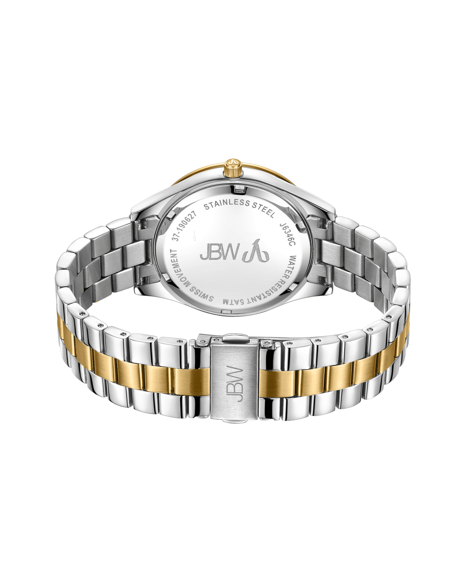 A close-up of the back of the JBW Cristal 39 | J6346D gold-plated stainless steel watch with a silver and gold link bracelet, displaying the brand logo and engraving details on the case.