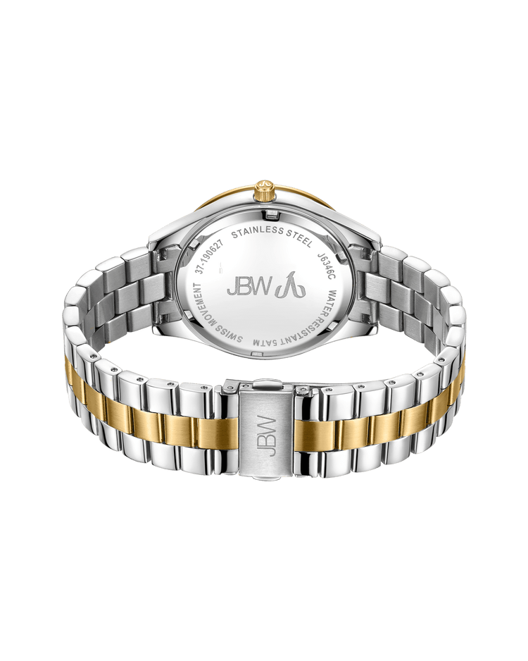 A close-up of the back of the JBW Cristal 39 | J6346D gold-plated stainless steel watch with a silver and gold link bracelet, displaying the brand logo and engraving details on the case.