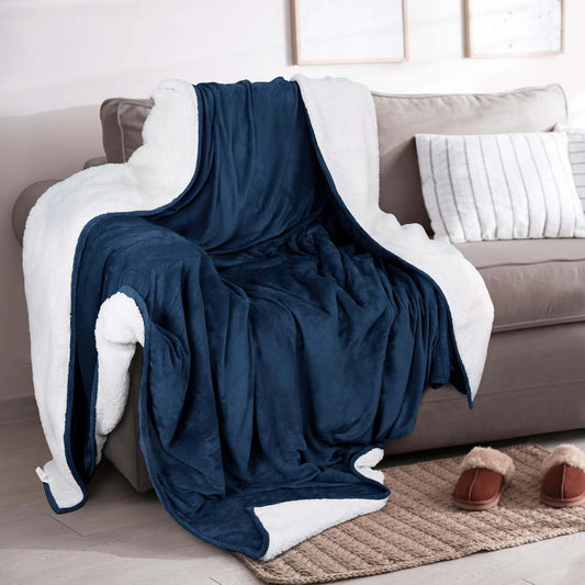 Ultra-Soft Velvet Plush Reversible Sherpa Fleece Blanket - Navy